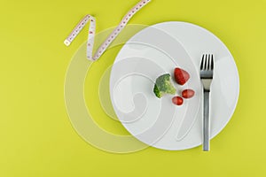Small amount of food on white plate and a measuring tape