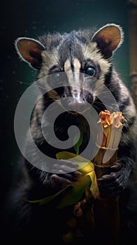 Small animal is holding banana in its mouth. The animal appears to be skunk or an opossum, as it has black and white