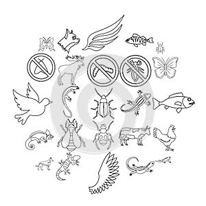 Small animal icons set, outline style