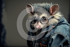 a small animal wearing glasses and a denim jacket with a denim jacket on it\'s back and a denim jacke