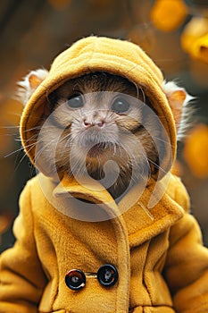 A small animal wearing a yellow coat with hood, AI