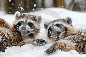 small animals in the snow playing together