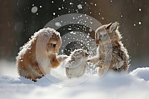 small animals in the snow playing together