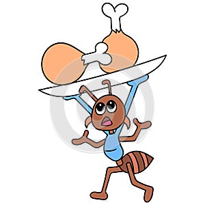 Small ant insects carrying a plate of chicken thighs stagger, doodle icon image kawaii