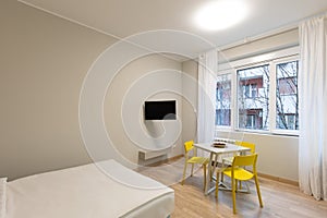 Small apartment interior, kitchen, bedroom