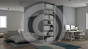 Small apartment, one-room with parquet floor, home workplace with desk in white living room, Murphy bed, office in minimalist