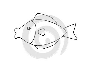 A small aquarium fish in a children`s style. Vector linear fish picture template for coloring. The inhabitants of the underwater w