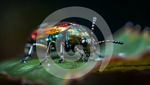 Small arthropod on green leaf, multi colored weevil in focus foreground generated by AI