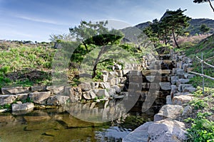 Small artificial waterfall and rillet created in Hwangmaesan County Park