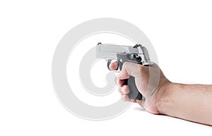Small automatic gun in hand man