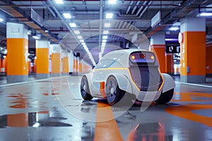 Small autonomous vehicle on empty undeground parking, future transport concept photo