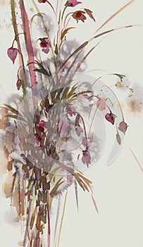 Small autumn flowers in white and grey watercolor background