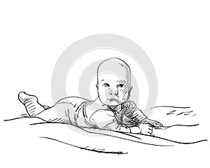 Small baby boy lying on stomach in bed and raising his head and looking ahead with interest, Vector drawing