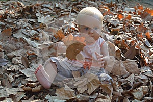 Small baby playing in autumn leaves