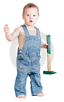 Small baby worker with hammer