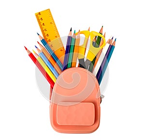 Small backpack full of pencils and school stationery on background, top view