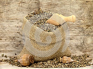 Small bag with hemp seeds photo
