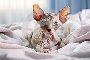 small bald Sphynx kitten wrapped in a warm white blanket lies on the bed in a bright bedroom, looking at the camera with big eyes