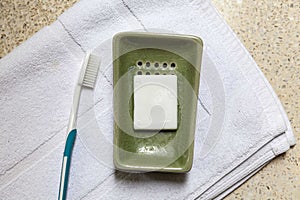 small bar of white soap and a green ceramic saucer are placed inside the shower room