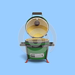 Small barbecue green color BBQ grill with open lid for outdoor prepare meat food front view 3d illustration on blue