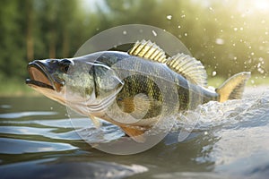 Small bass taking off river in sun light. Generate Ai