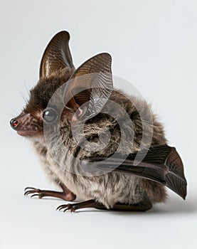 A small bat with large ears and eyes posing on a white backdrop, detailed texture of fur and wings visible.
