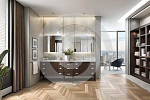 A small bathroom with clever storage solutions, a corner shower, and mirrored walls.