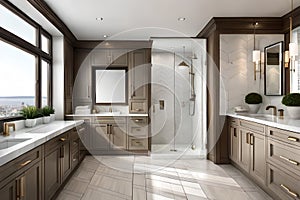 A small bathroom with clever storage solutions, a corner shower, and mirrored walls.
