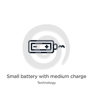 Small battery with medium charge icon. Thin linear small battery with medium charge outline icon isolated on white background from