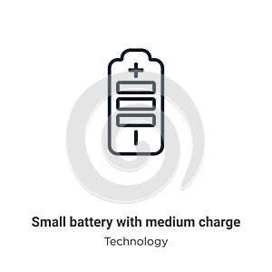 Small battery with medium charge outline vector icon. Thin line black small battery with medium charge icon, flat vector simple