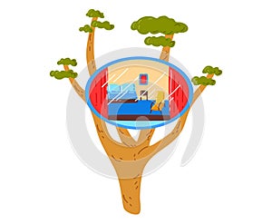 Small beach house on tree, paradise for relaxation, pleasure summer vacation, cartoon style vector illustration