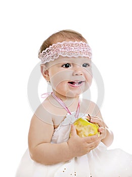 Small beautiful baby girl with apple