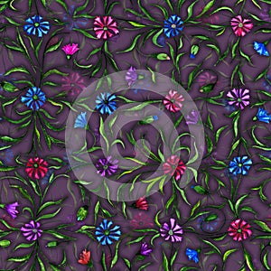 Small beautiful flowers with leaves on dark purple background. Bright cornflowers in check pattern. Seamless pattern.