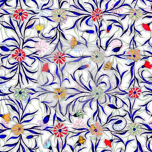 Small beautiful flowers with leaves on light background. Bright cornflowers in check seamless pattern. Watercolor painting.