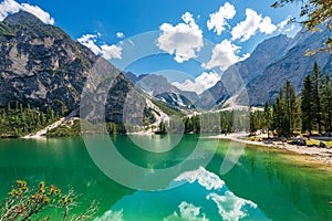 Small Beautiful Lake in Italian Alps - Pragser Wildsee or Lago di Braies Italy