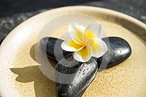 A small but beautiful touch of zen. Pebbles and petals. tropical luxury asian spa in morninng sunlight.