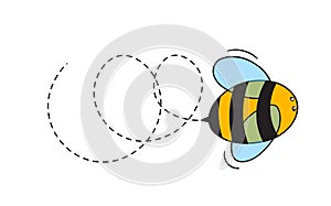 A small bee flying on a dotted route. Incest icon. Vector characters. Template design for invitation, cards. Doodle