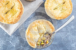 Small beef pot pie or deep dish pie in ramekin, crust broken open, horizontal, top view