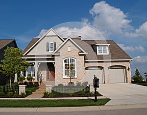 Small Beige Brick Home with Two Car Garage in Fron