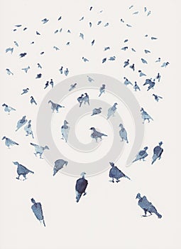 Small bird silhouettes in perspective on white watercolor background