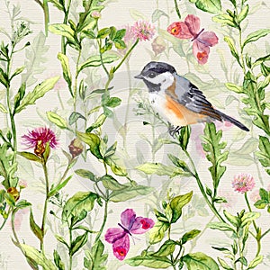 Small bird, spring meadow grass, flowers, butterflies. Repeating pattern. Watercolor