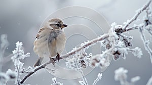 A small bird stands perched on a frostcovered branch its feathers puffed up for warmth as it scans the snowy landscape