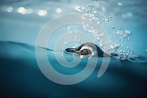 a small bird swimming in the ocean with a lot of bubbles