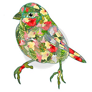 Small bird thrush pattern tropical plants on a white background watercolor vintage vector illustration editable hand draw