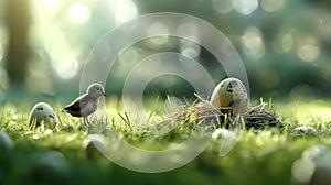 A small bird is walking on the grass next to a nest with two eggs