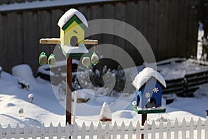 Small birdhouses covered by snow in winter