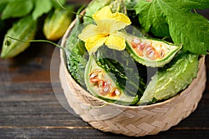 Small bitter gourd or bitter melon in bamboo basket