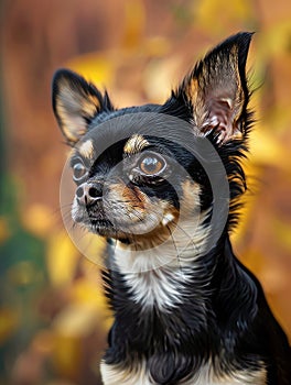 A small black and brown chihuahuan dog is sitting in front of leaves