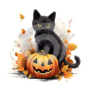 Small Black cat on leaves next to jack-o-lantern pumpkin, a Halloween image on a white isolated background