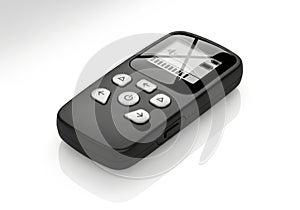 Small black electronic device with buttons and screen isolated on white background